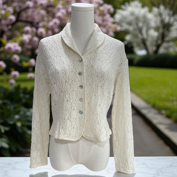 Granite Lace Suit Jacket Ivory Feminine Career Blazer Vintage Romantic Preppy - Picture 1 of 10